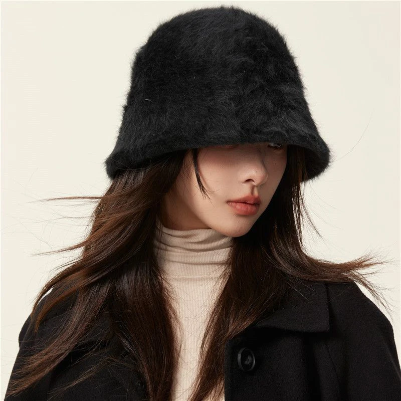 巴黎渔夫帽2023新款帽子圆脸大脸显瘦毛绒秋女冬季油头必备毛绒绒