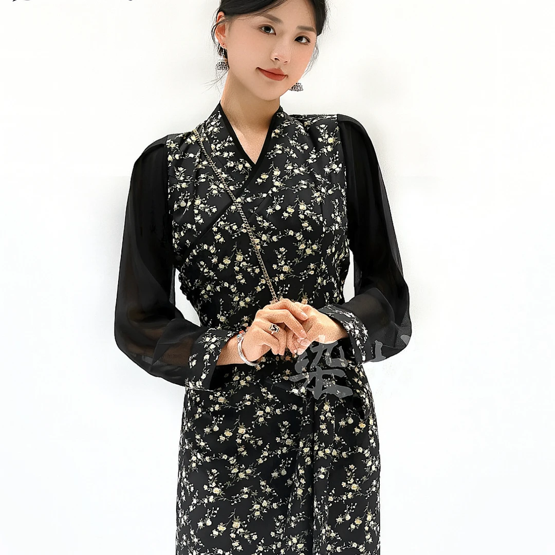 染坊仓「无碎花 不夏天」藏装女装碎花显瘦气质西藏服博拉藏式长裙