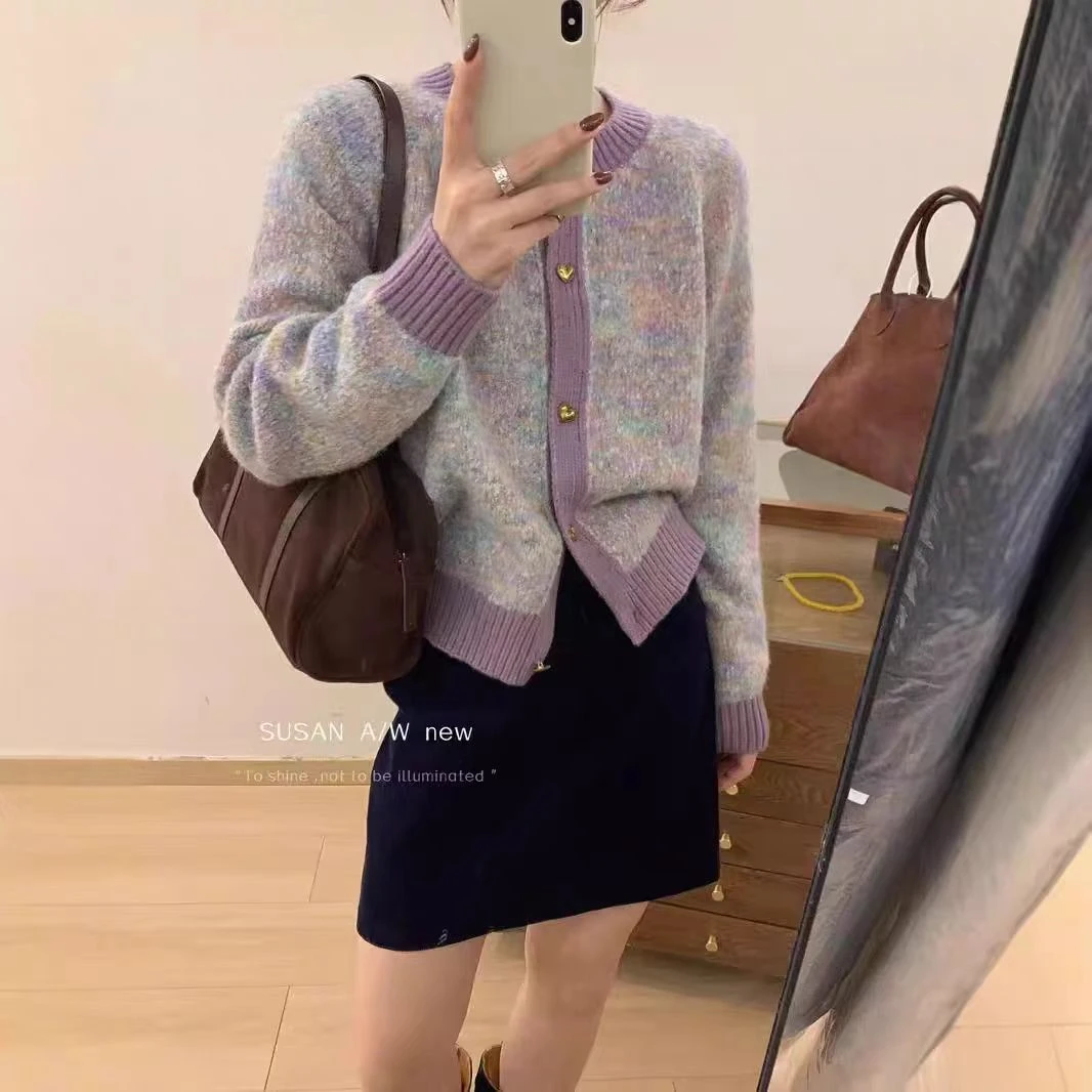 【紫色花纱小香风】秋季百搭撞色气质设计感网红针织开衫秋冬时尚
