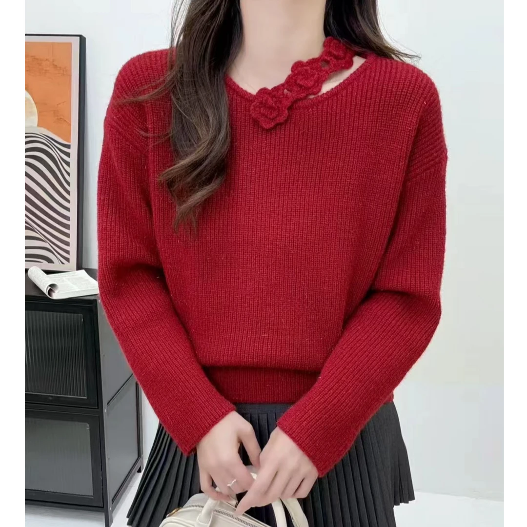 设计感花朵慵懒风显瘦套头毛衣女2024年秋冬新款宽松软糯针织上衣