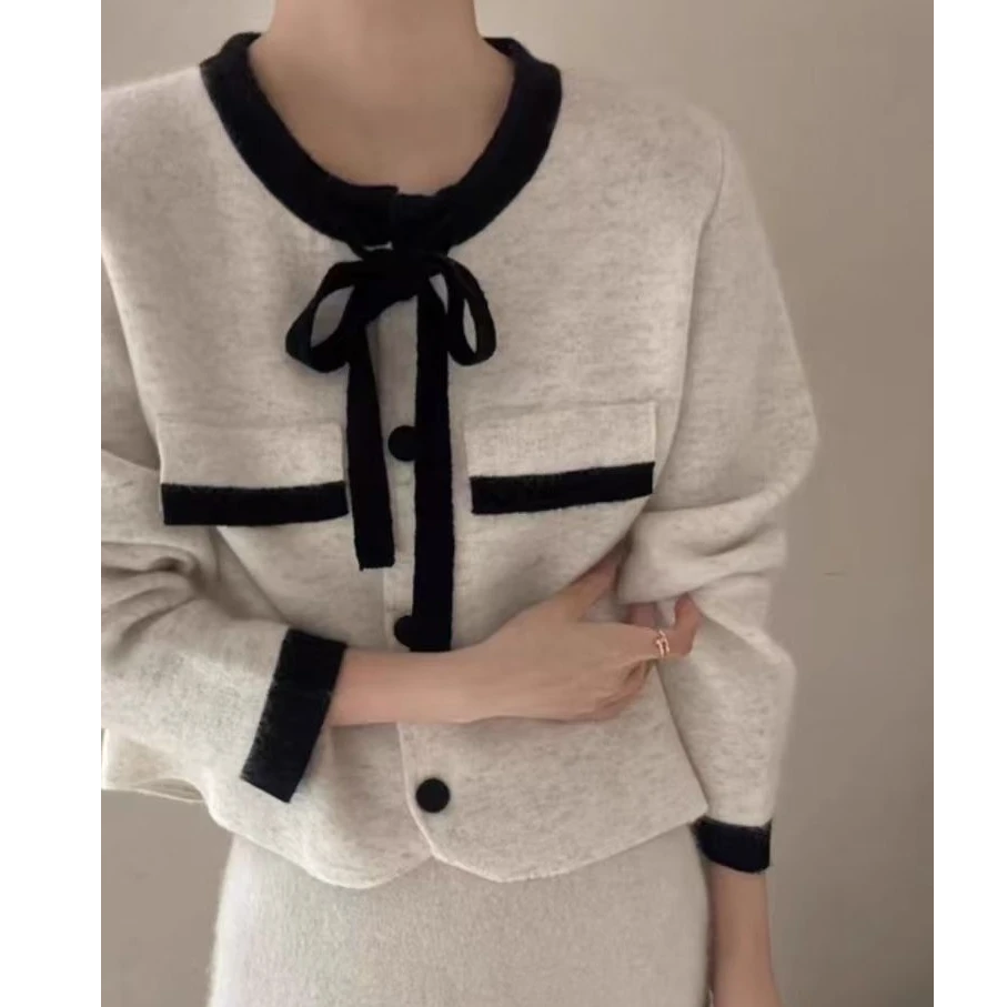 【浣熊羊毛】领口蝴蝶结针织开衫女毛衣秋冬韩系小香风短款上衣外套
