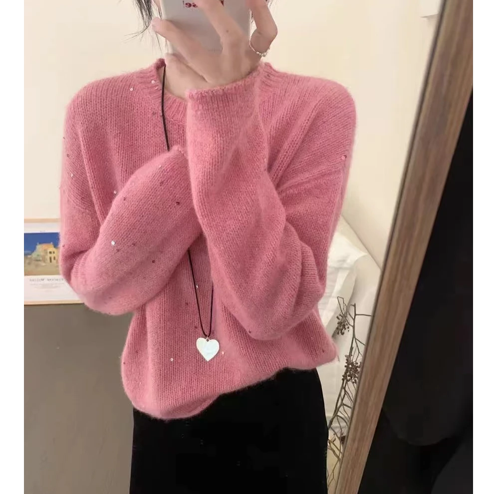 【亮片玫粉】秋冬新款韩版宽松圆领毛衣女慵懒风软糯针织衫套头上衣