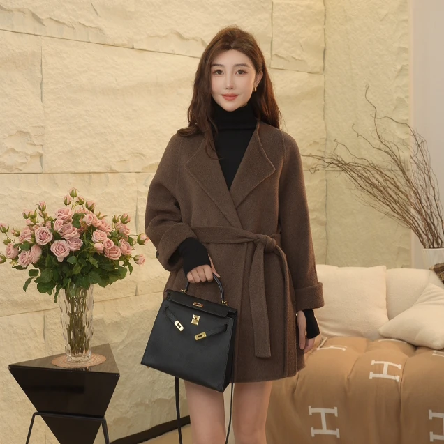 【沐沐家】新款气质时尚圆领双面羊毛大衣百搭显瘦小个子呢子外套女