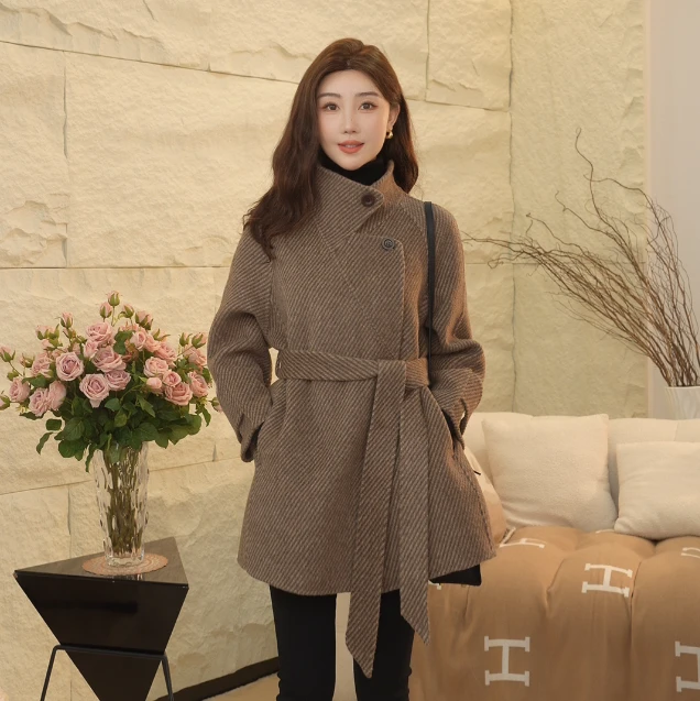 【沐沐家】气质显瘦立领小个子羊毛大衣时尚百搭双面呢子外套女2338