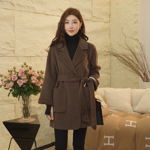 秋冬气质时尚西装领韩版双面羊毛大衣百搭小个子双面呢大衣女8837
