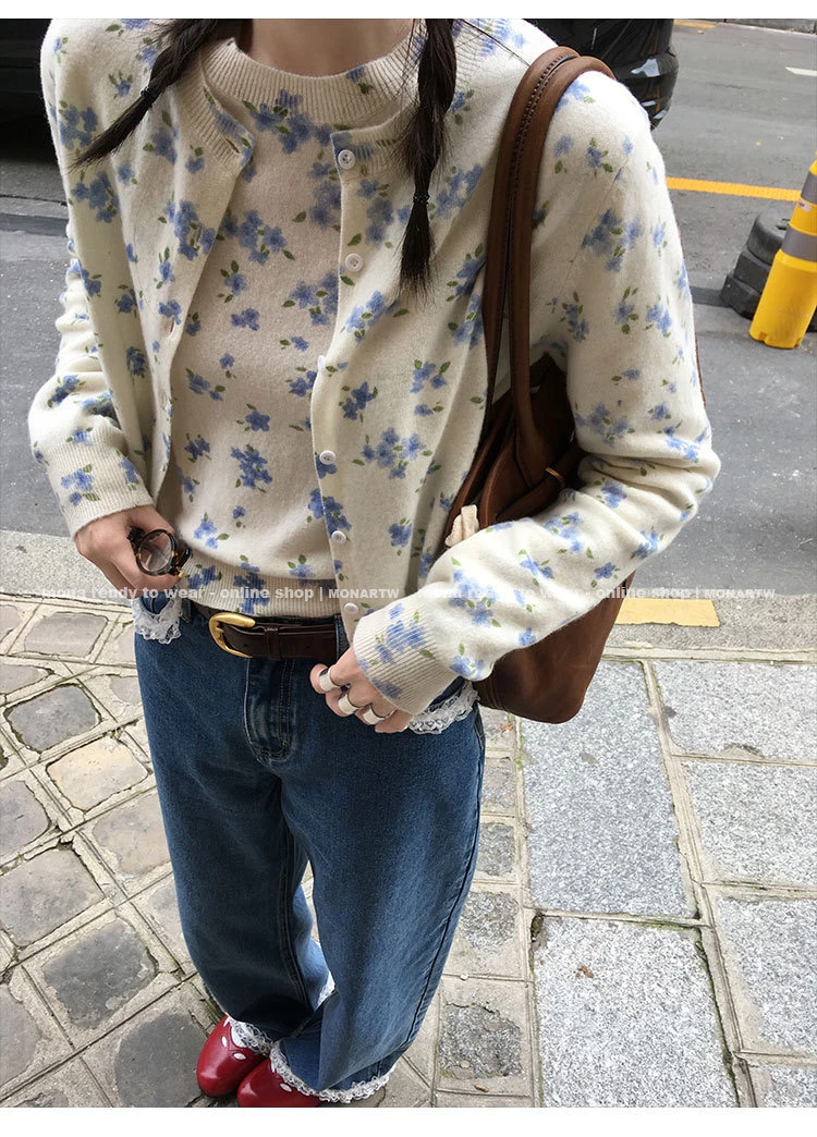 MONA 100羊毛高级感设计小众碎花开衫套头针织衫上衣女小个子新款