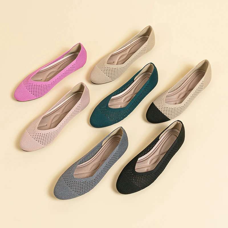 圆头平底镂空凉快舒适夏季软底网面飞织女鞋时尚单鞋舒适夏季软底