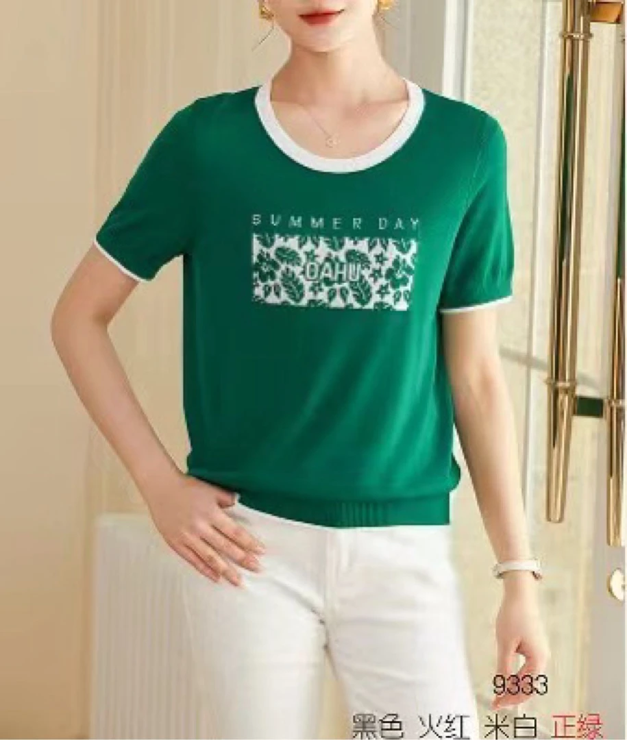 欧奢恋9333正品2024夏季新品甜美圆领条纹短袖天丝针织衫大码衣