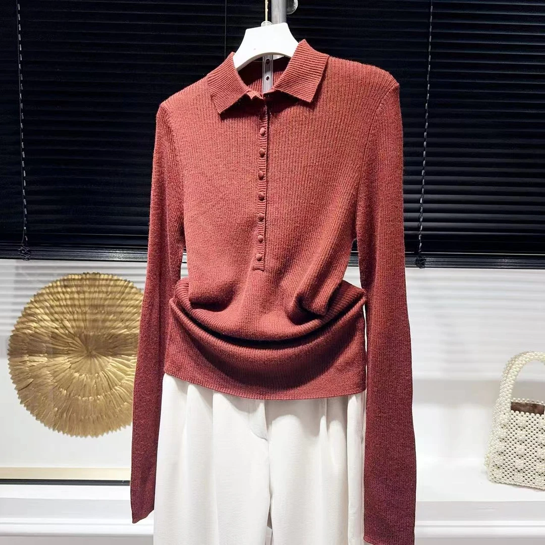 胸68-150长63 50超细精纺羊毛~百搭安克拉翻领长袖针织上衣 5749