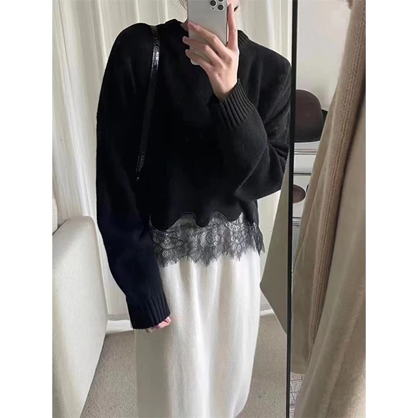 100羊毛~胸120-160长59法式温柔蕾丝钩花下摆针织毛衣上衣 6292