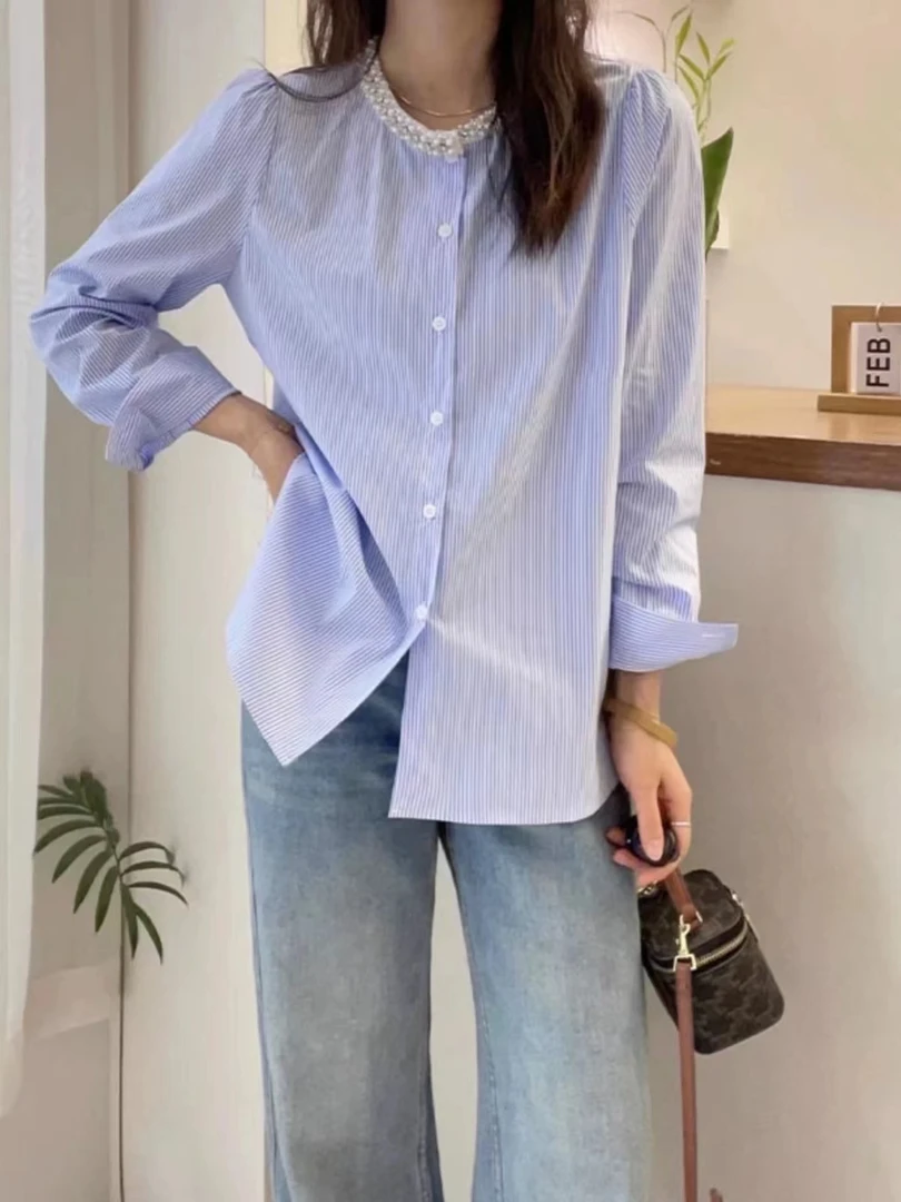 L胸106长57钉珠设计感出街休闲条纹衬衫上衣 5724