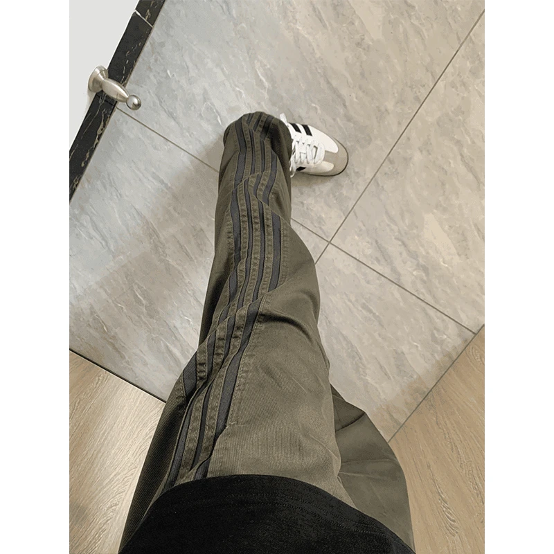军绿色竖条纹裤子男款秋季美式高街潮牌长裤vibe宽松直筒休闲裤