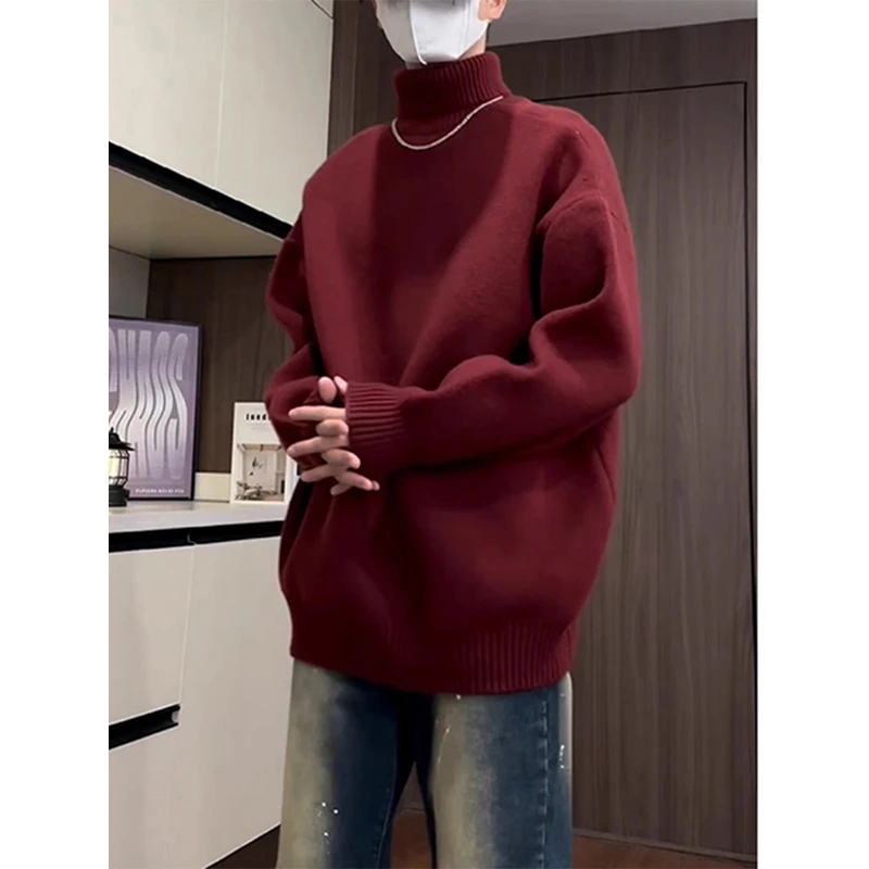安可拉红高领毛衣男款秋冬季加厚针织衫上衣美式复古内搭套头线衣