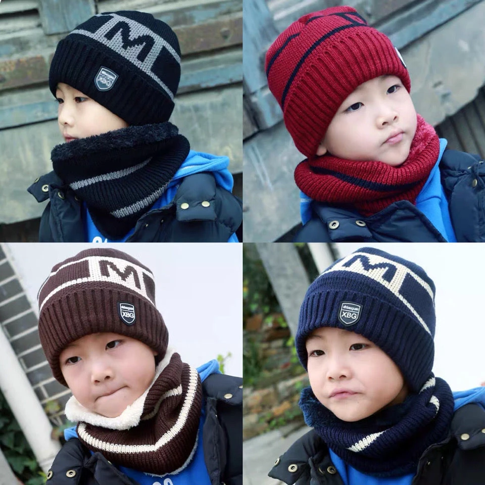 儿童帽子冬季男童潮针织毛线帽小孩加绒保暖5到12岁围巾两件套装