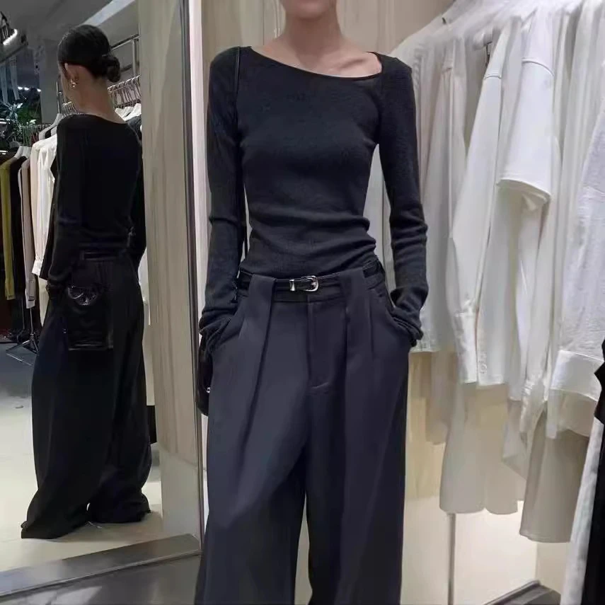 法式斜肩长袖T恤女秋修身显瘦内搭毛衣打底衫一字肩针织上衣6755