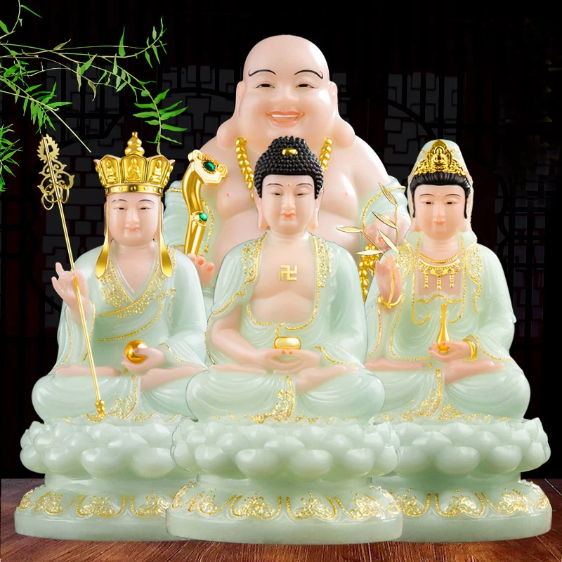 汉白玉娑婆三圣家用摆件释迦牟尼观世音地藏王弥勒像