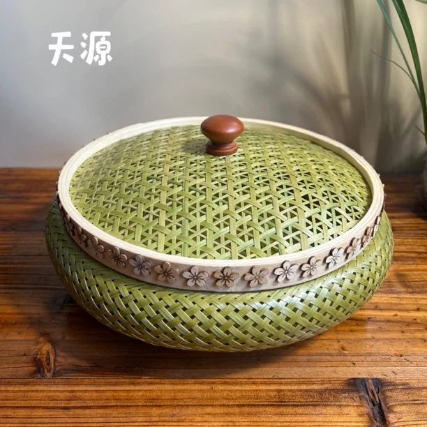 带盖竹青水果盘干果盘馒头筐手工置物镂空家用创意圆形果篮水果篮