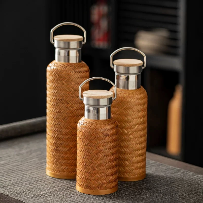 竹编保温杯开水壶小旅行随手便携暖水杯子热水瓶复古扣丝不锈钢