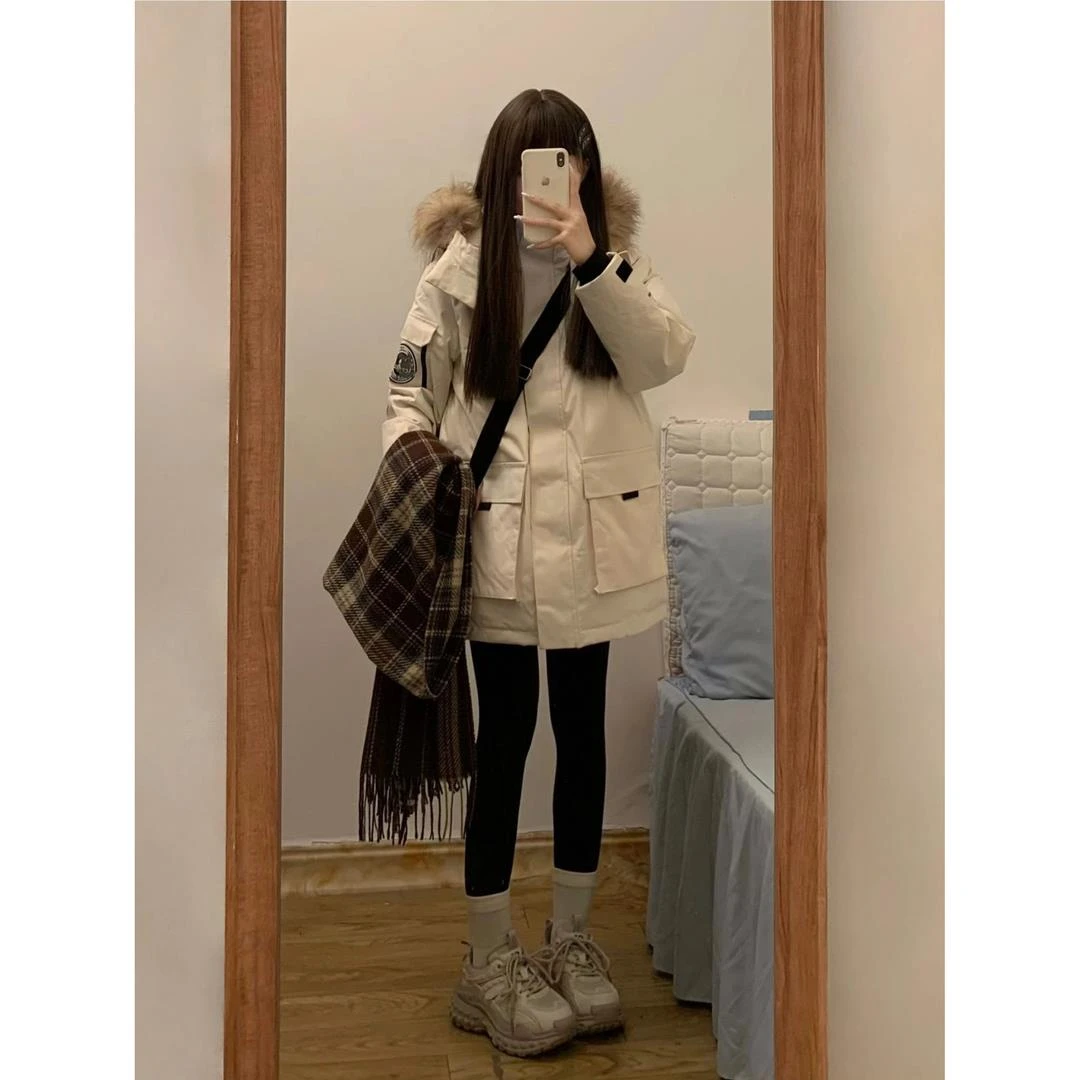 大毛领派克羽绒服服女2023冬季新款连帽棉袄外套宽松加厚工女