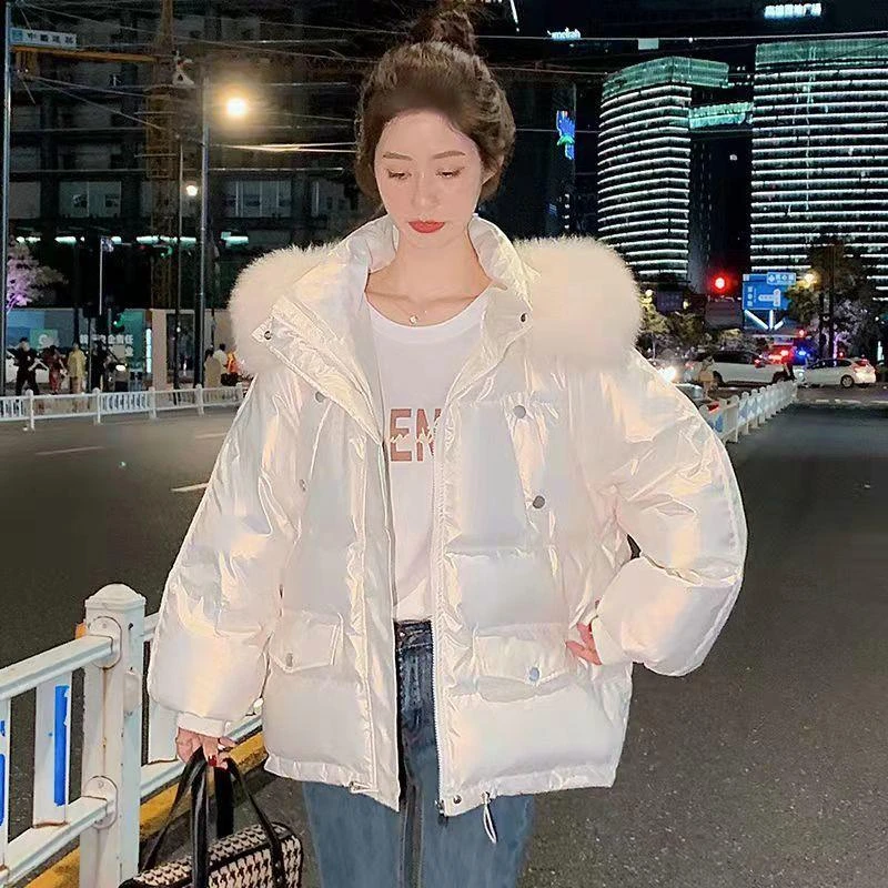 2023新款免洗面料加厚大毛领短款女羽绒羽绒服外套女