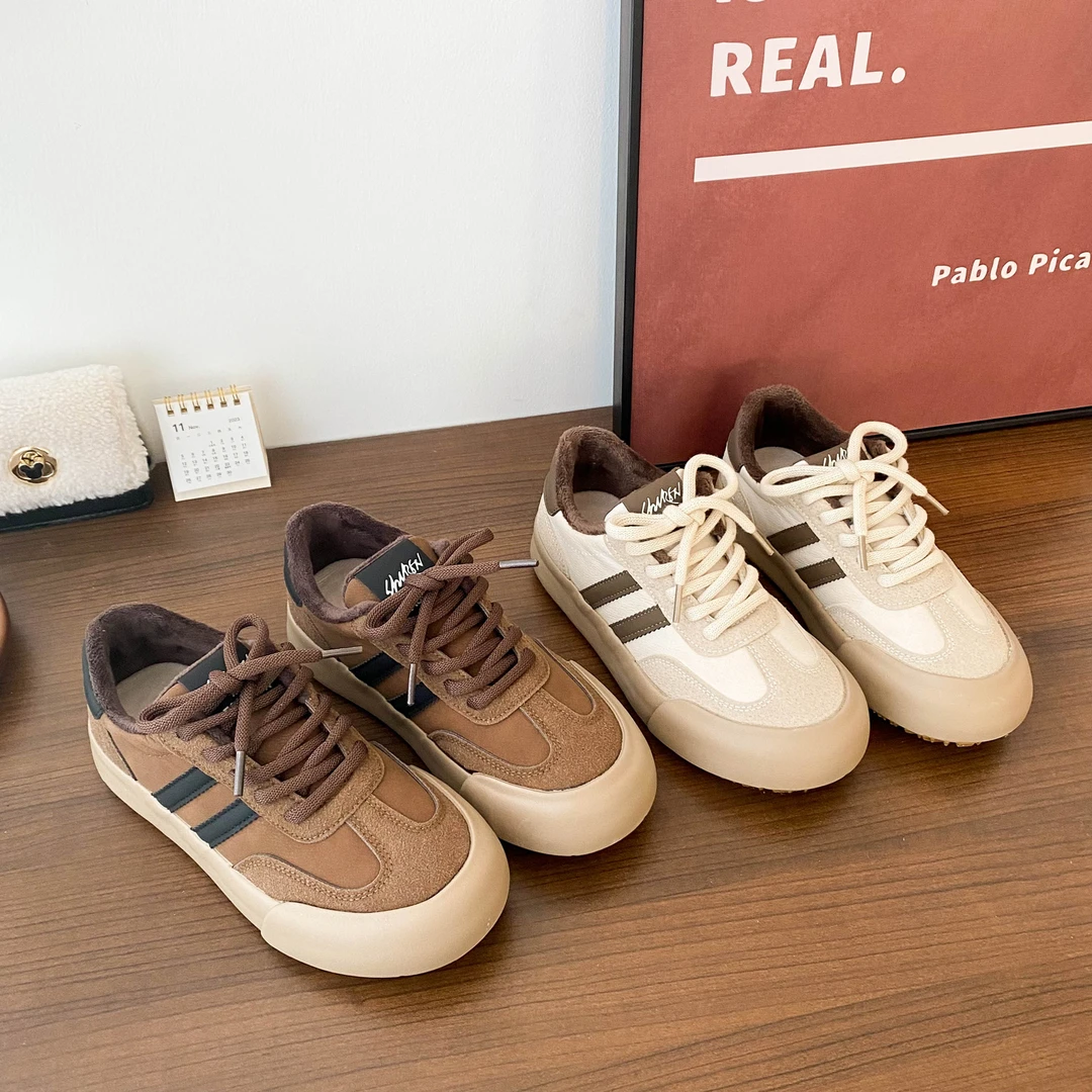 厚底加绒德训板鞋女港风复古冬季新款2023爆款百搭平底保暖棉鞋