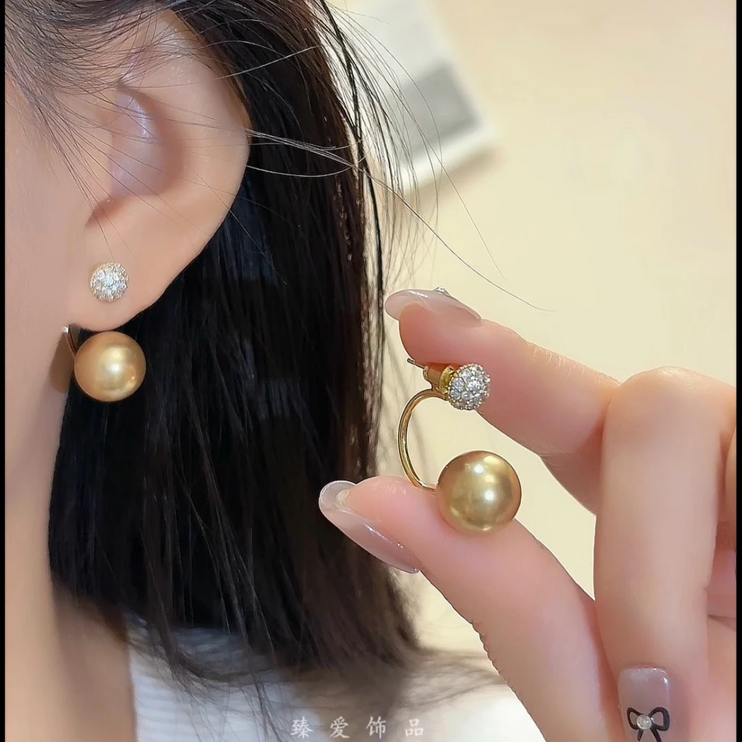 铜合金合成锆石耳饰 香槟色珠珠前后戴耳环小众设计感百搭耳钉