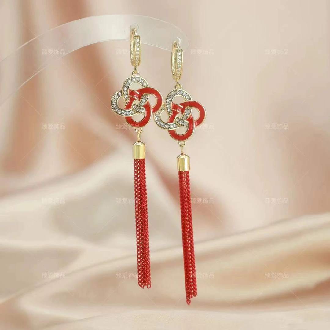 铜合金合成锆石耳饰 时尚复古新年款红色福结气质流苏耳扣037381