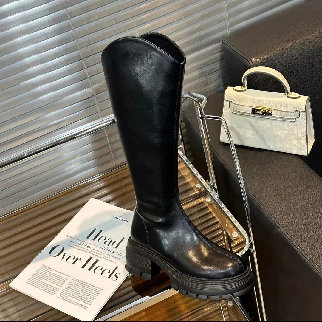 D女款女鞋时尚百搭秋冬高筒厚底高筒靴真皮长筒
