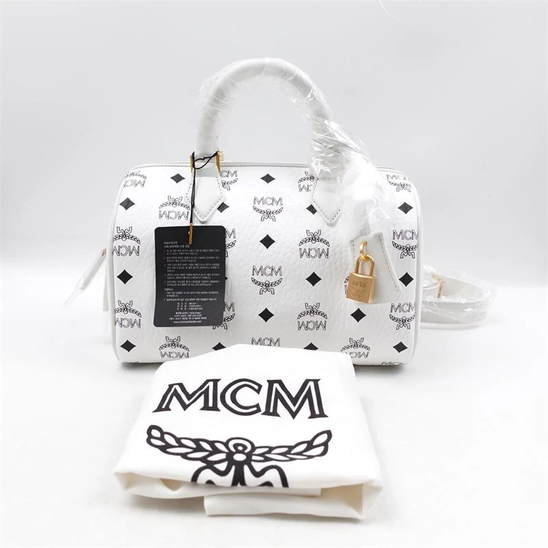 99新 MCM  白色 牛皮老花手提 单肩包T_ZY0000341409