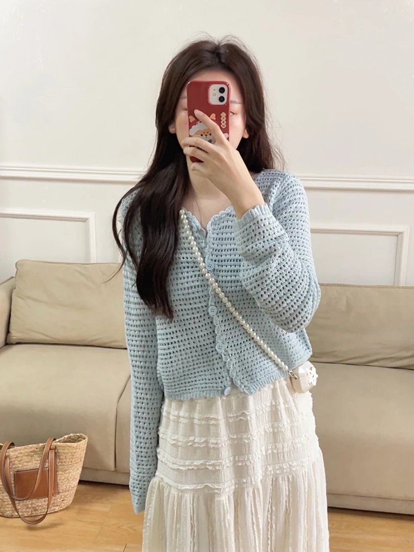 甜系穿搭小个子短款法式镂空高级感薄款韩版长袖针织衫开衫