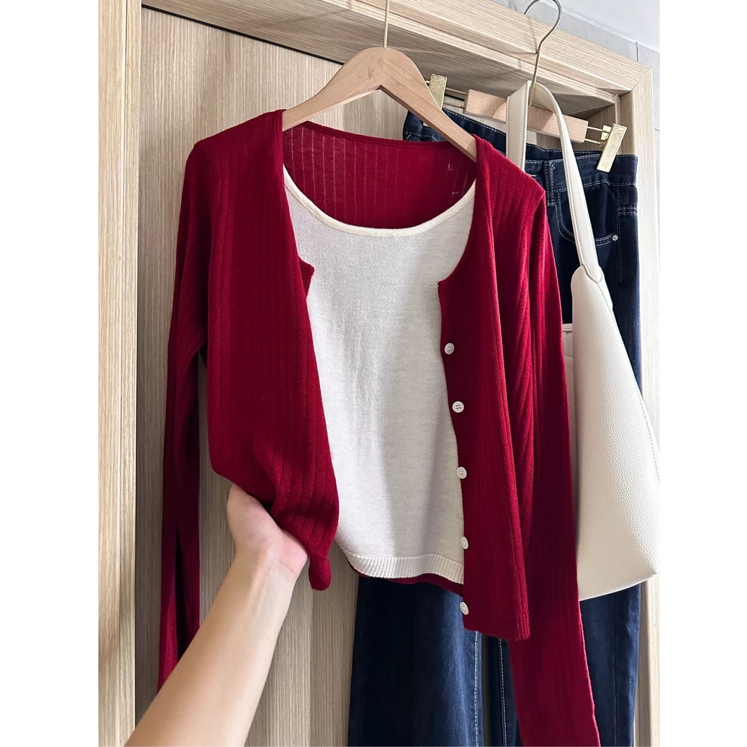 韩版复古撞色假两件懒人出行设计感高级感穿搭针织衫