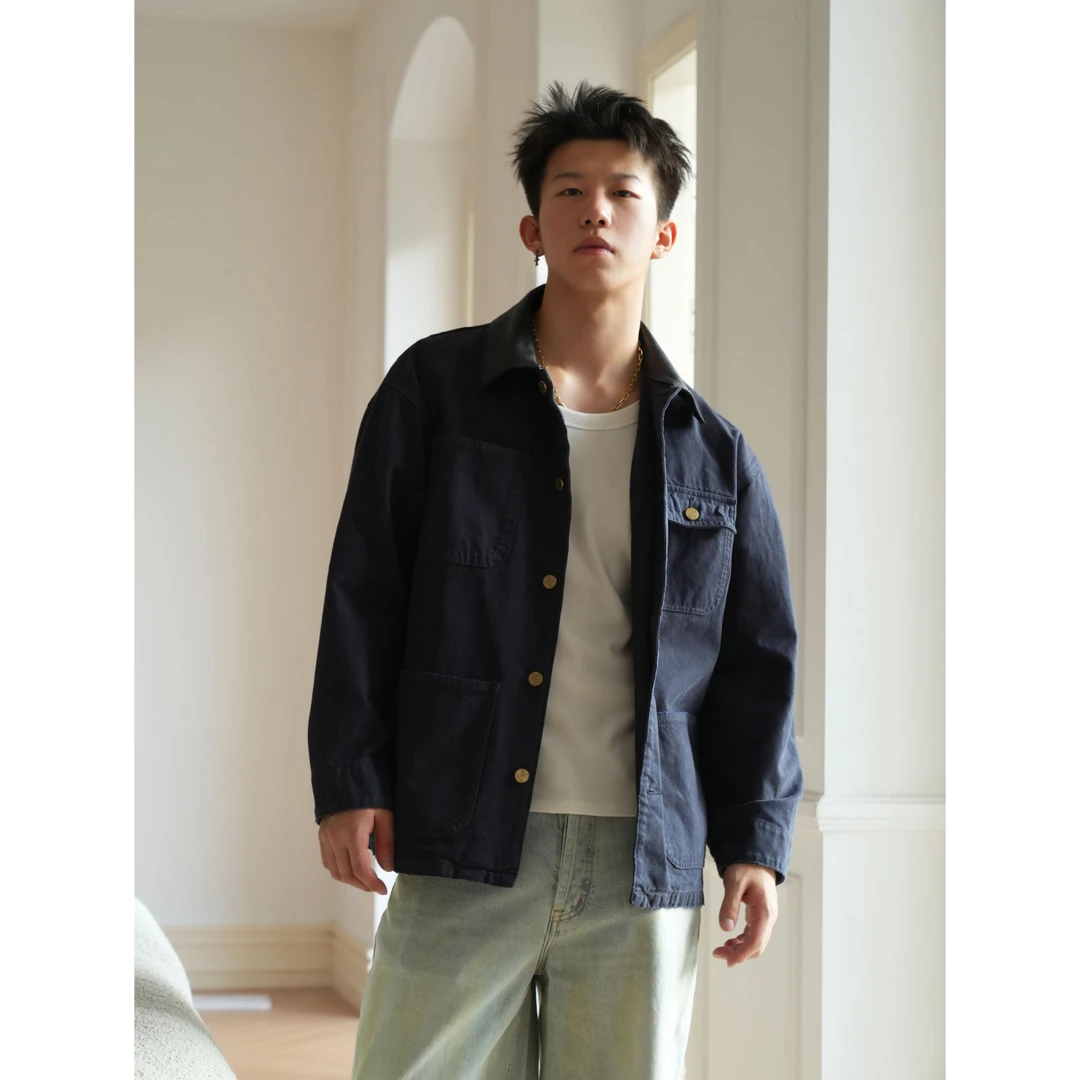 SEE ALSO『三角牛皮领』做旧工装夹克外套拼接皮领夹克男女款LD4164