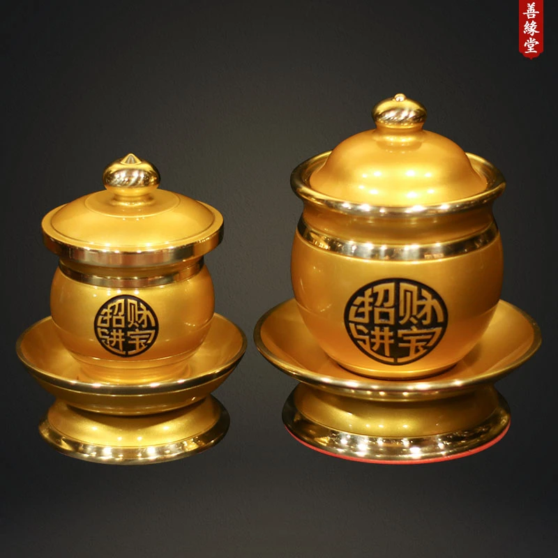 善缘堂铜水杯带盖不锈钢内胆大/小号加厚珍珠金色铜杯家用摆件