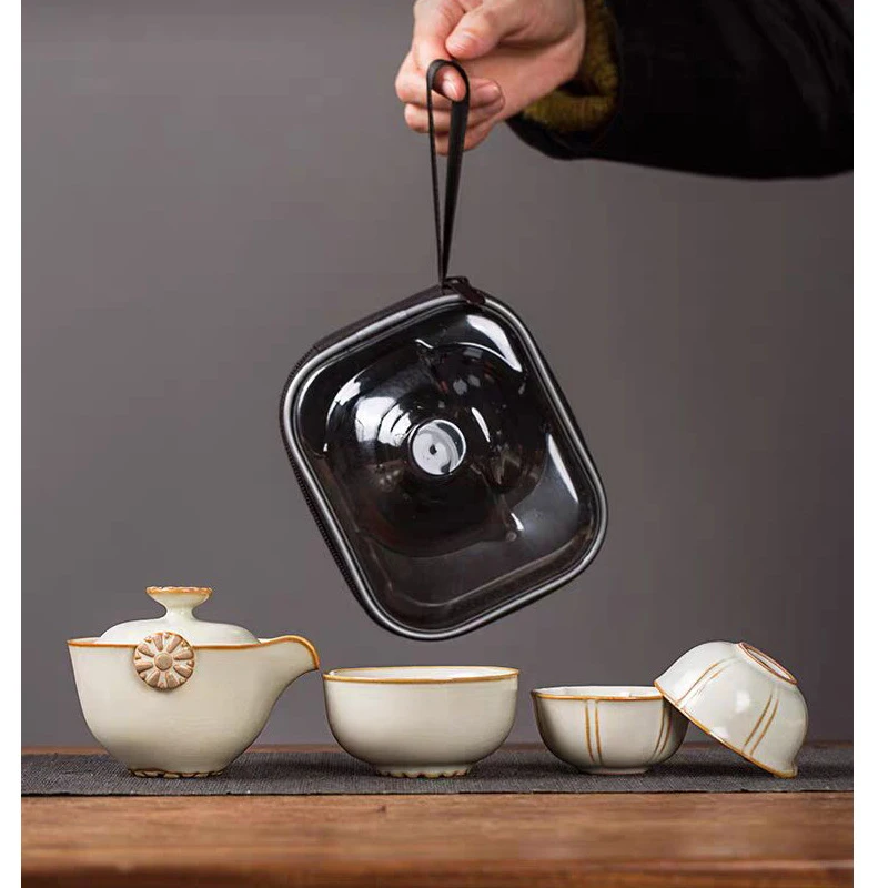 创意汝窑旅行茶具套装便携式户外旅游功夫泡茶器快客杯一壶三杯混