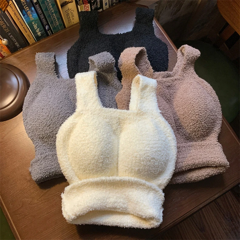 网红百搭羊羔绒保暖背心女士韩版加绒一体式带胸垫内搭外穿内衣女