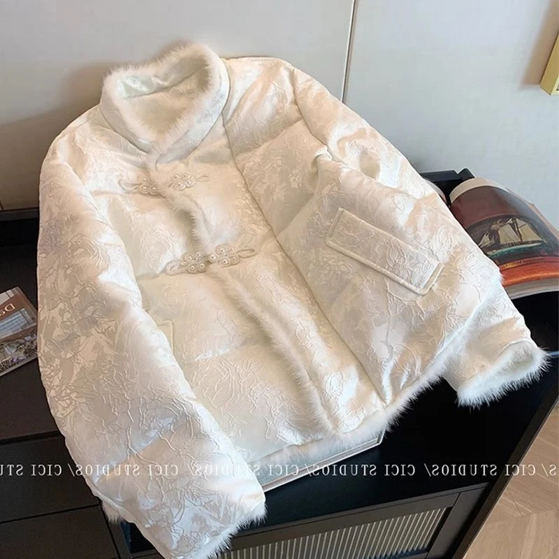 【羽绒服】新中式国风提花拼接毛毛盘扣夹棉外套女冬季加厚保暖气质