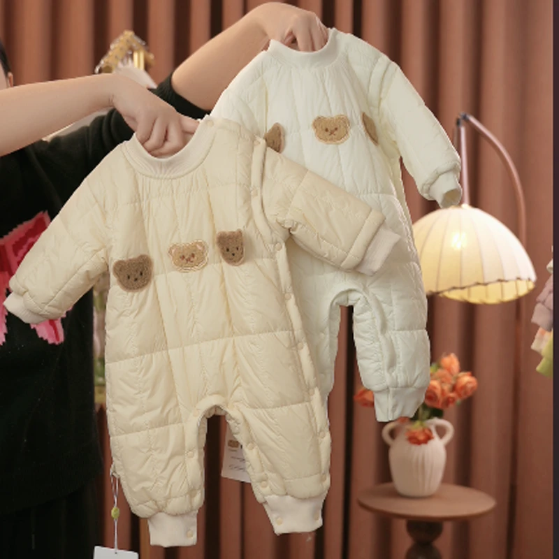 偏开三只小熊棉服婴幼儿连身衣宝宝保暖棉衣哈衣爬爬服