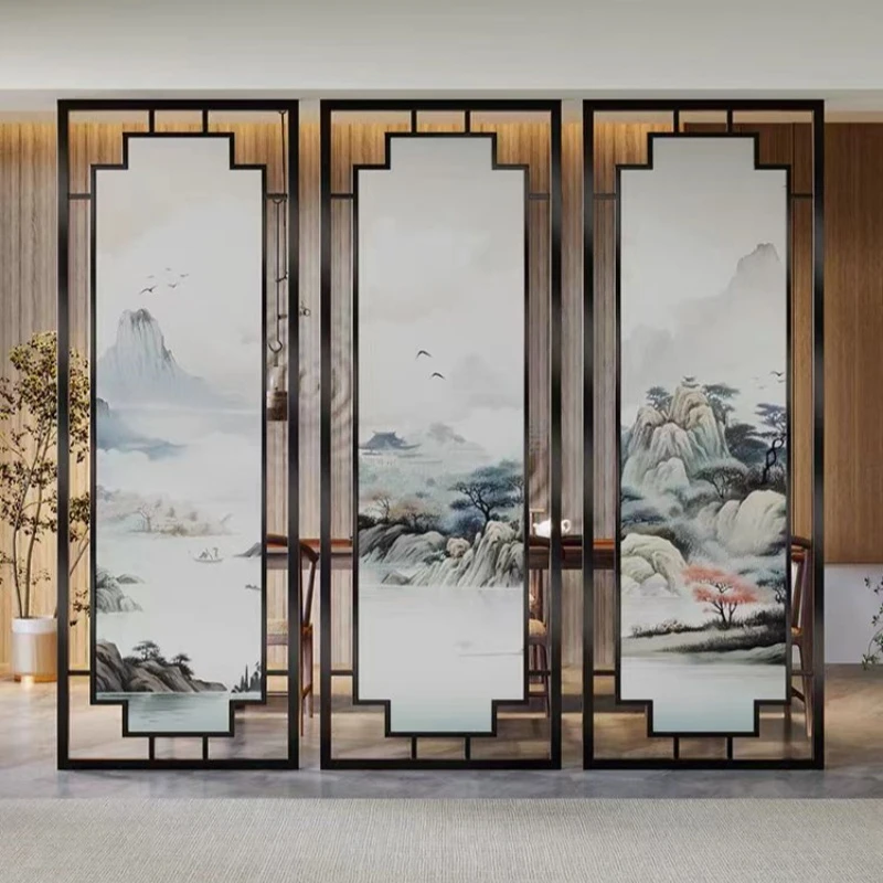 不锈钢屏风隔断客厅现代简约餐厅新中式定制入户铁艺玄关玻璃屏风