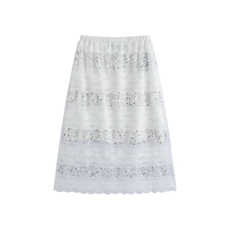 【YANAG】新品25春夏层叠花边蕾丝直筒亮片长半裙女