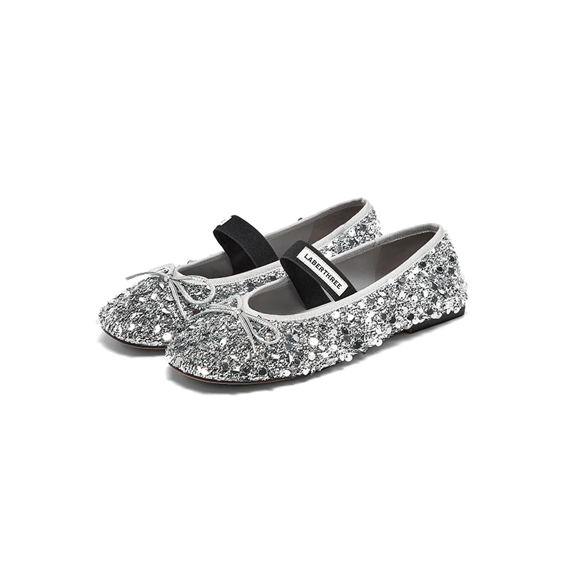 【THE ENES X LABER THREE】新品25SS圆头亮片蝴蝶结系带芭蕾舞鞋