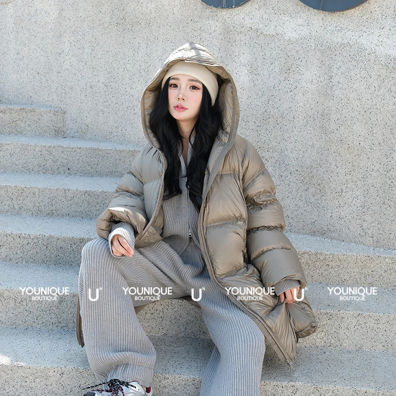 【SYUGNA】新品24秋冬连帽拉链中长款鹅绒羽绒服外套女