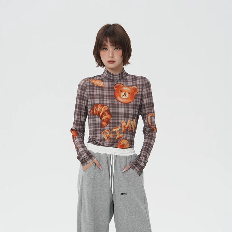 【RIMK】新品2025春夏面包脑袋印花格纹高领打底衫女