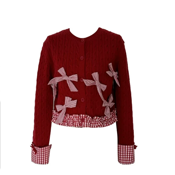 【SIEW】新品24秋冬新年红色格子蝴蝶结毛衣绞花针织上衣女
