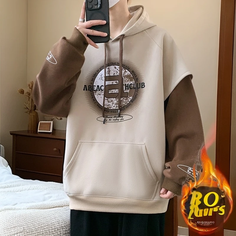 男士秋冬假两件拼接潮流连帽加绒卫衣印花百搭宽松加厚休闲上衣