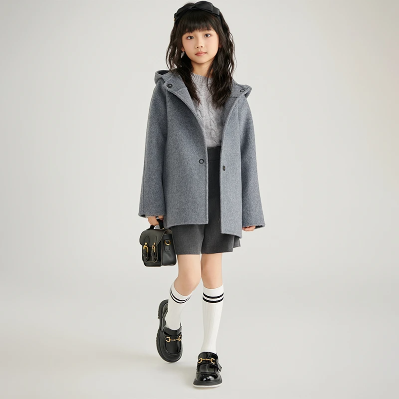 女童双面羊绒大衣2024秋冬新款男童宝宝短款加厚保暖儿童毛呢外套