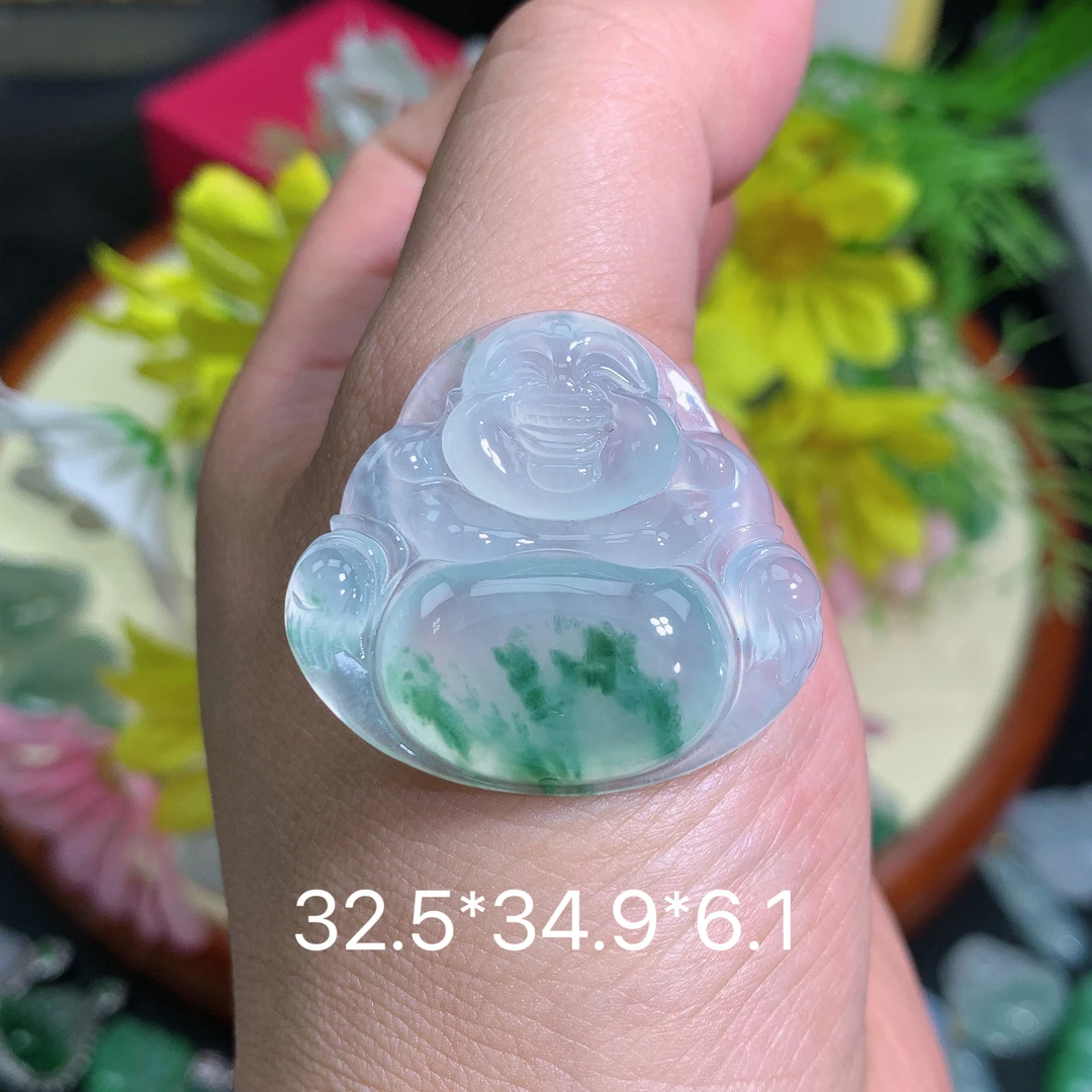 缅甸翡翠A货冰种飘花佛公品吊坠挂件水润绿色挂坠玉雕刻紫色满绿