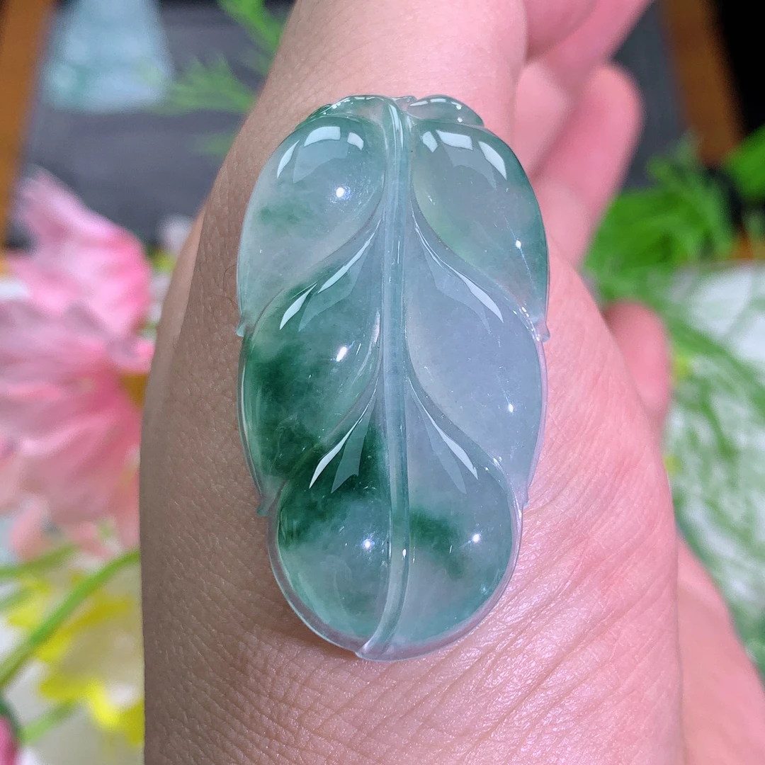 缅甸翡翠A货冰种飘花叶子O吊坠挂件尺寸冰透百搭气玉石妈妈精美精