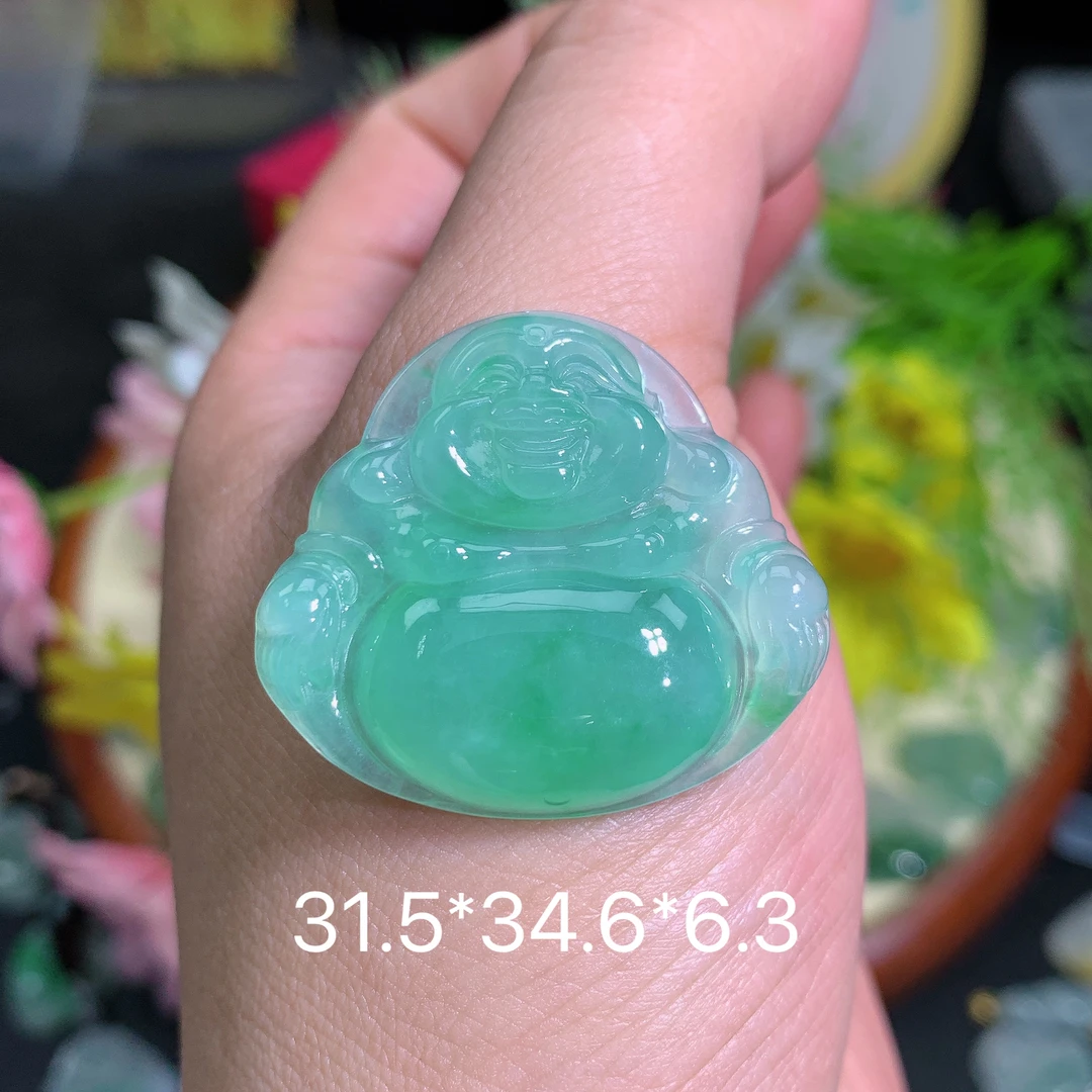 缅甸翡翠A货冰种绿色佛公吊坠挂件水润百搭精致玉满绿高冰飘绿百