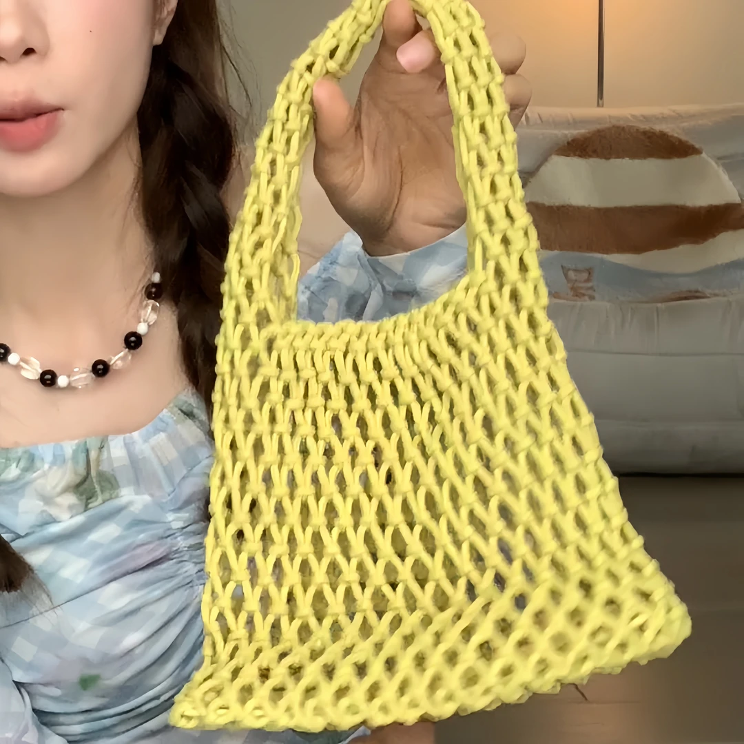 彩虹手提包编织沙滩包韩版纯色草编包包洋气简约夏季新款渔网包包