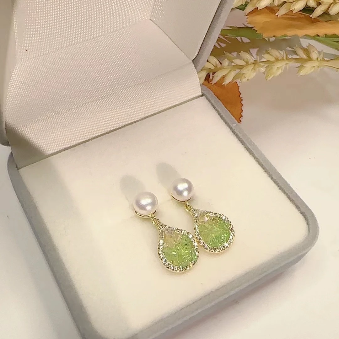 铜合金琉璃耳饰 【绿色珍珠耳钉】精致彩色小巧